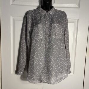 Loft Popover Blouse Women M Gray Heart Print Long Sleeve Lightweight Sheer Shirt